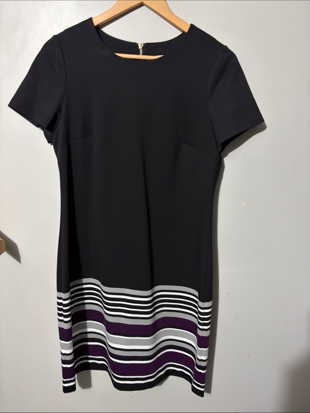 Calvin Klein Black Short Sleeve Shift Dress with Purple & White Stripes